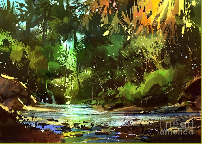 Painting Greeting Card featuring the painting Cascades In Forest by Tithi Luadthong