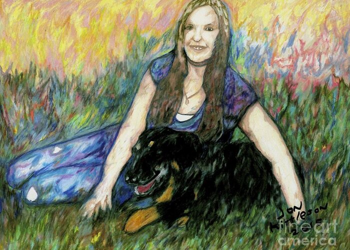 A Portrait Of A Girl And Her Dog Greeting Card featuring the drawing Cassandra and Casey by Jon Kittleson