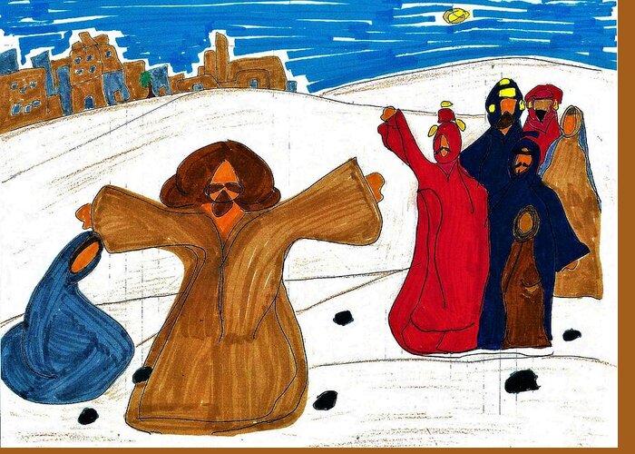 Gospel Greeting Card featuring the drawing Casting Stones by Martin Cline