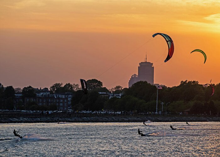  Greeting Card featuring the photograph Castle Island Kite Boarded Boston MA Sunset 2 by Toby McGuire