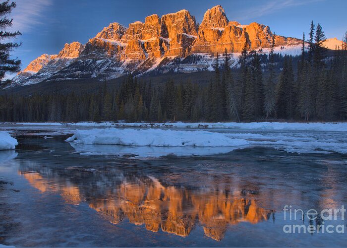 Castle Mountain Greeting Card featuring the photograph Castle Mountain Red Winter Reflections by Adam Jewell