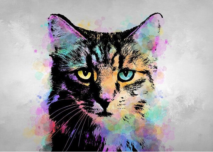 Cat Greeting Card featuring the painting Cat 618 with gray background by Lucie Dumas