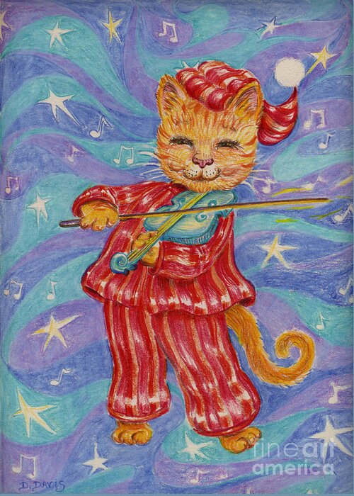 Cat Fiddle Stars Music Whimsical Greeting Card featuring the drawing Cat and a Fiddle by Dee Davis