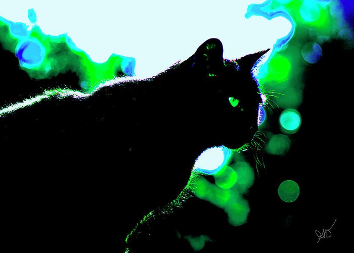 Cat Greeting Card featuring the photograph Cat Bathed in Green Light by Gina O'Brien