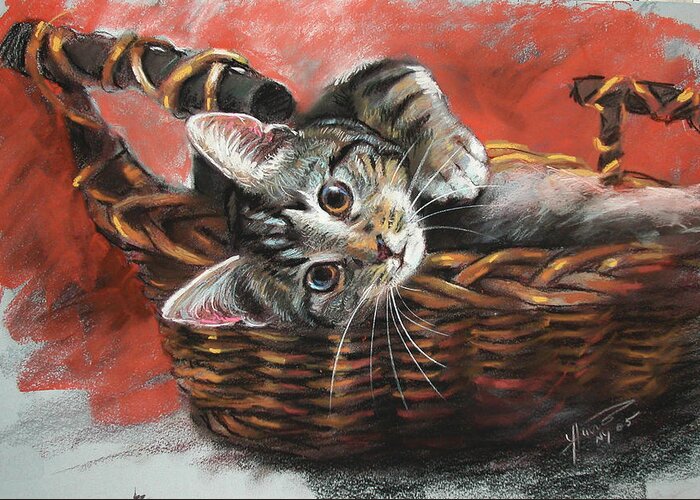 Cat Greeting Card featuring the pastel Cat in the basket by Ylli Haruni