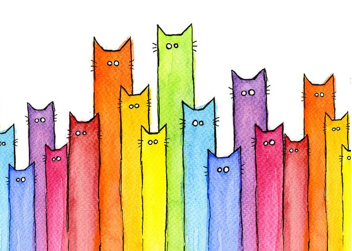 Cats Greeting Card featuring the painting Cat Rainbow Watercolor Pattern by Olga Shvartsur