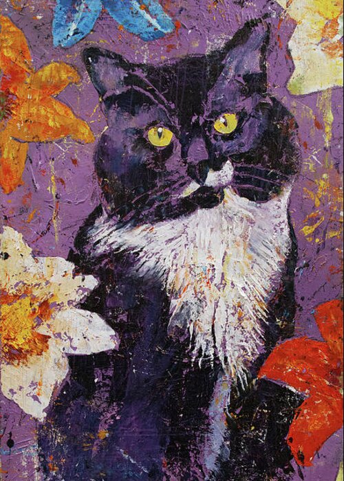 Cat Greeting Card featuring the painting Cat with Tiger Lilies by Michael Creese
