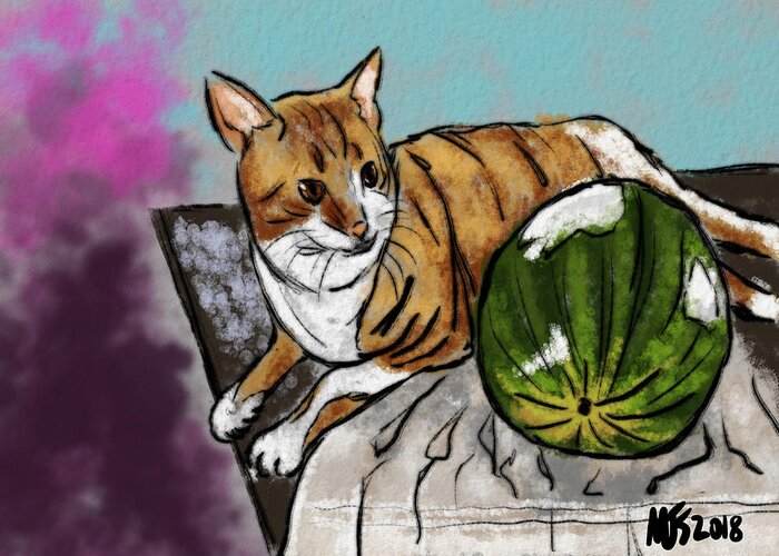 Animal Greeting Card featuring the digital art Cat With Watermelon by Michael Kallstrom