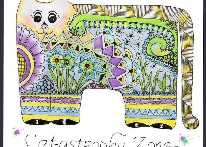 Kitty Cat Zentangle Doodle Flowers Geometric Greeting Card featuring the tapestry - textile Catastrophy Zone by Ruth Dailey