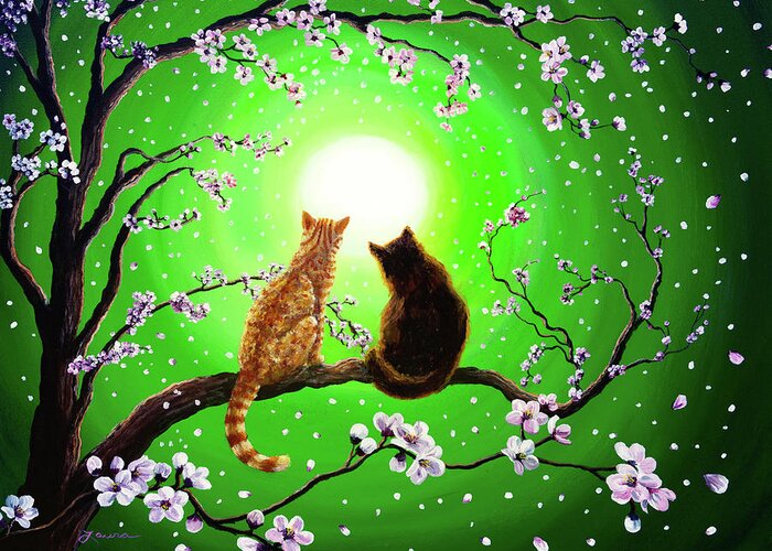 Black Cat Greeting Card featuring the painting Cats on a Spring Night by Laura Iverson