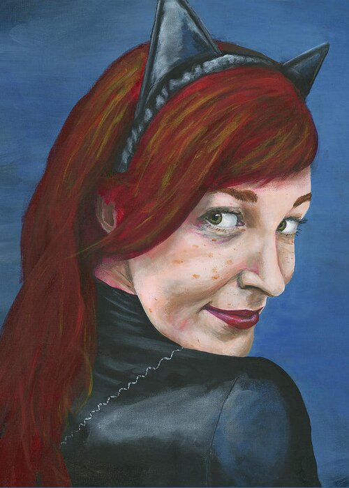 Cosplay Greeting Card featuring the painting Catwoman by Matthew Mezo