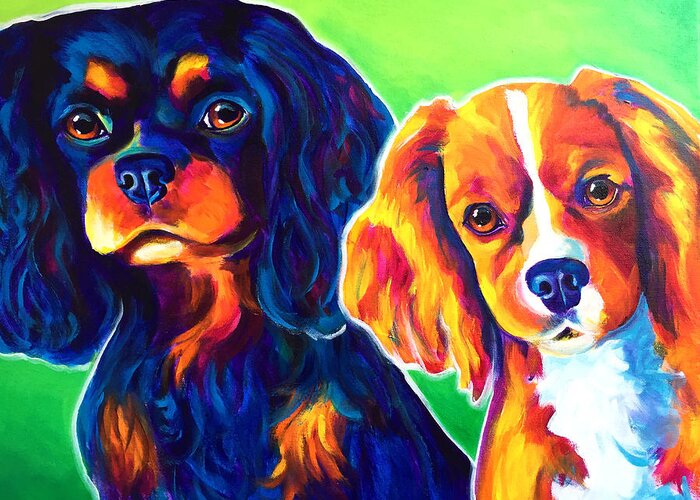 Cavalier King Charles Spaniel Greeting Card featuring the painting Cavelier King Charles Spaniels - Saffy and Duck by Dawg Painter