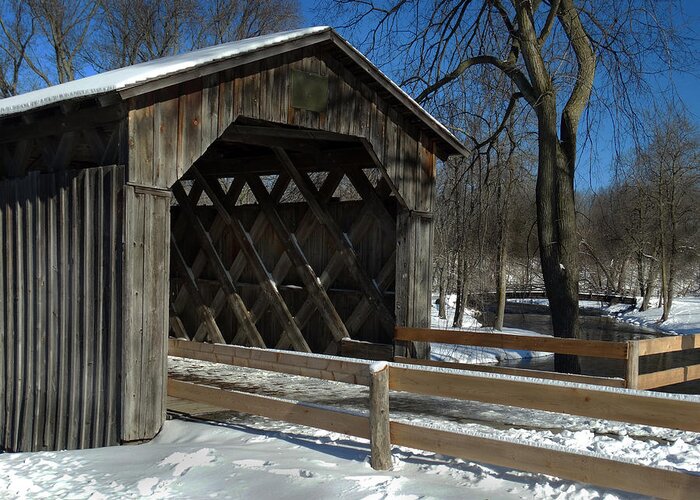 Covered Bridge Greeting Card featuring the photograph Cedarburg Covered Bridge in Winter by David T Wilkinson