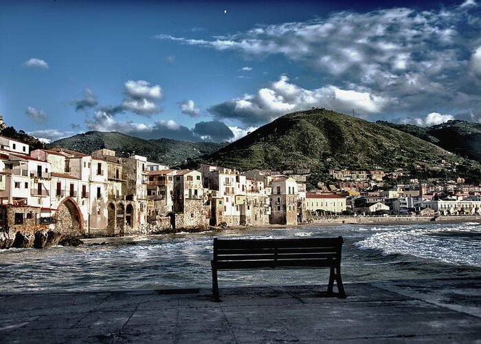  Greeting Card featuring the photograph Cefalu with Sea Bench by Patrick Boening