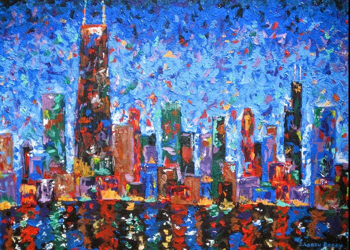 City Skyline Greeting Card featuring the painting Celebration City by J Loren Reedy