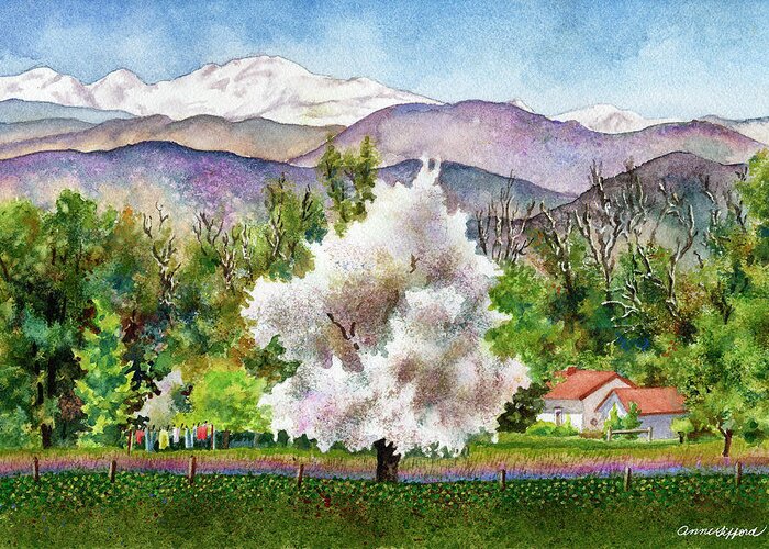 Blossoming Tree Painting Greeting Card featuring the painting Celeste's Farm by Anne Gifford