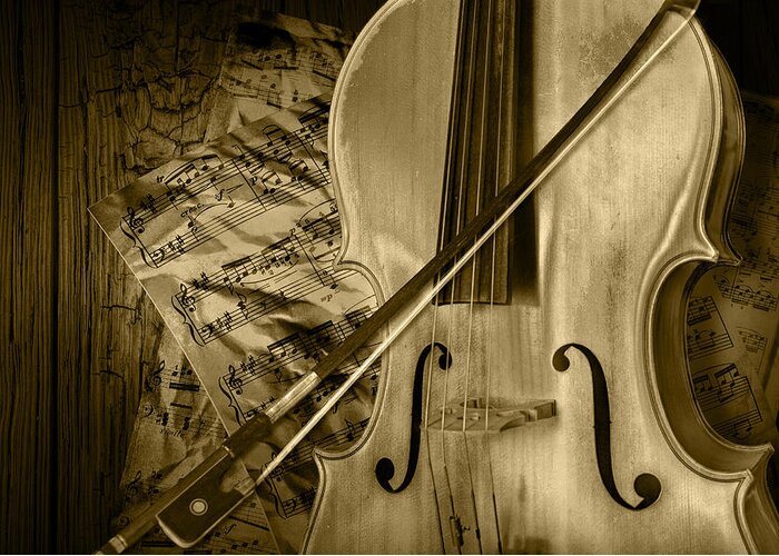 Cello Greeting Card featuring the photograph Cello Stringed Instrument with Sheet Music and Bow in Sepia by Randall Nyhof
