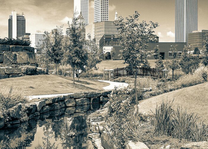 America Greeting Card featuring the photograph Centennial Park Tulsa Skyline View - Square - Sepia by Gregory Ballos