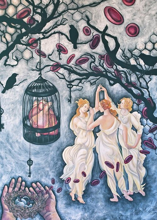 Three Graces Greeting Card featuring the painting Cette Vie est Sacree by Sheri Howe