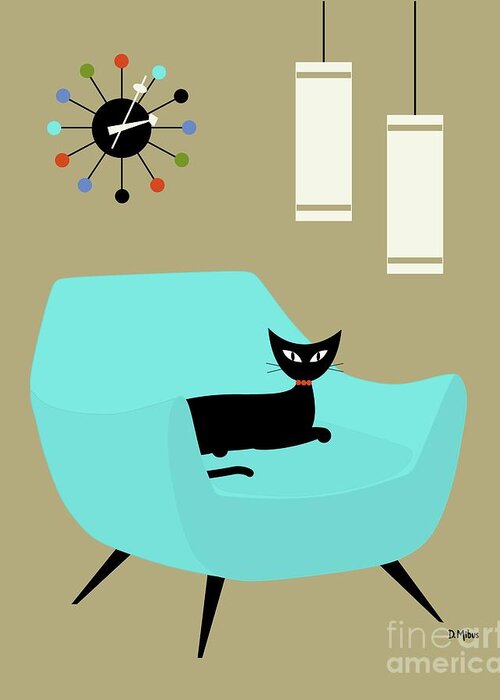 Mid Century Modern Greeting Card featuring the digital art Chair with Ball Clock by Donna Mibus