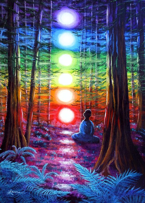 Zen Greeting Card featuring the painting Chakra Meditation in the Redwoods by Laura Iverson
