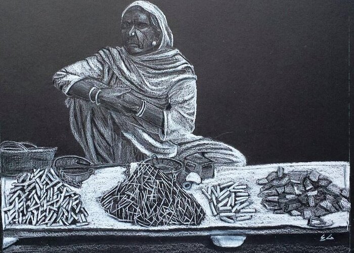 Women Greeting Card featuring the painting Chalk Seller by Ekta Gupta