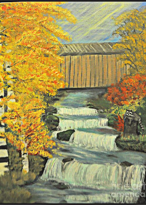 Covered Bridge Greeting Card featuring the painting Chambers Covered Bridge by Mindy Bench