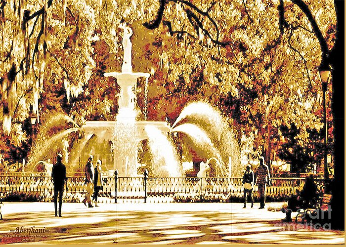 Savannah Historic District Greeting Card featuring the digital art Champagne Twilight Forsyth Park Fountain in Savannah Georgia USA by Aberjhani