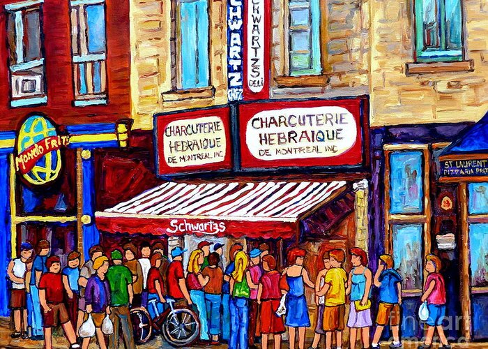 Montreal Greeting Card featuring the painting Charcuterie Hebraique Schwartz Line Up Waiting For Smoked Meat Montreal Paintings Carole Spandau   by Carole Spandau