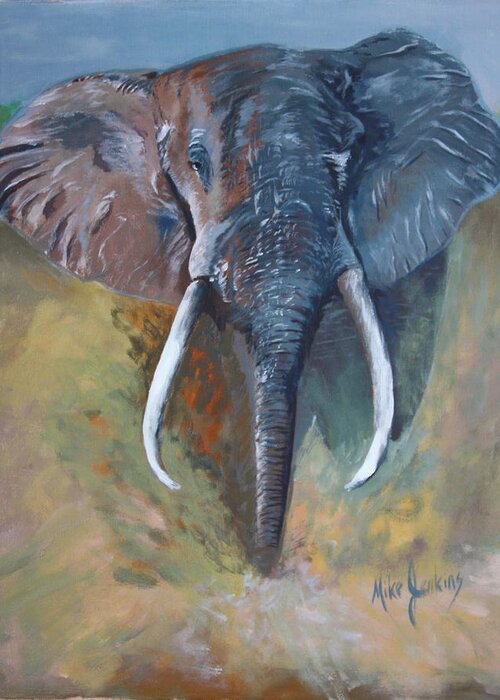 Elephant Greeting Card featuring the painting Charging Bull by Mike Jenkins