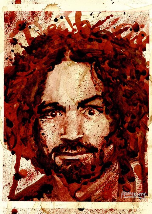 Ryan Almighty Greeting Card featuring the painting CHARLES MANSON portrait dry blood by Ryan Almighty