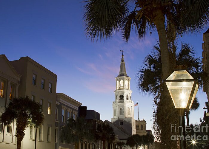 Charleston Greeting Card featuring the photograph Charleston At Night St Michaels Church Steeple by Dustin K Ryan