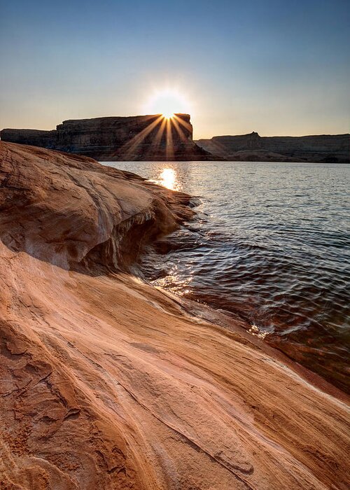 Lake; Lake Powell; Morning; Powell; Rock Formations; Sandstone; Shoreline; Sunburst; Sunrise; Sweeping Rock; Wave; Greeting Card featuring the photograph Checkered Waves and Flowing Rock by David Andersen