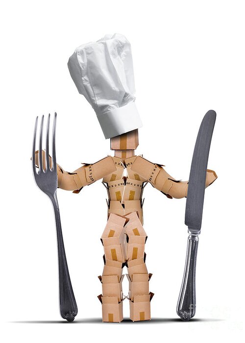 Kitchen Greeting Card featuring the digital art Chef box man Character with cutlery by Simon Bratt