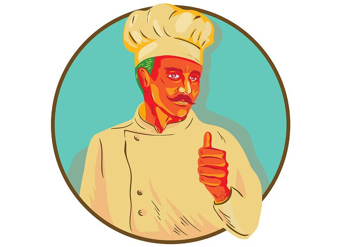 Wpa Greeting Card featuring the digital art Chef With Mustache Thumbs Up Circle WPA by Aloysius Patrimonio