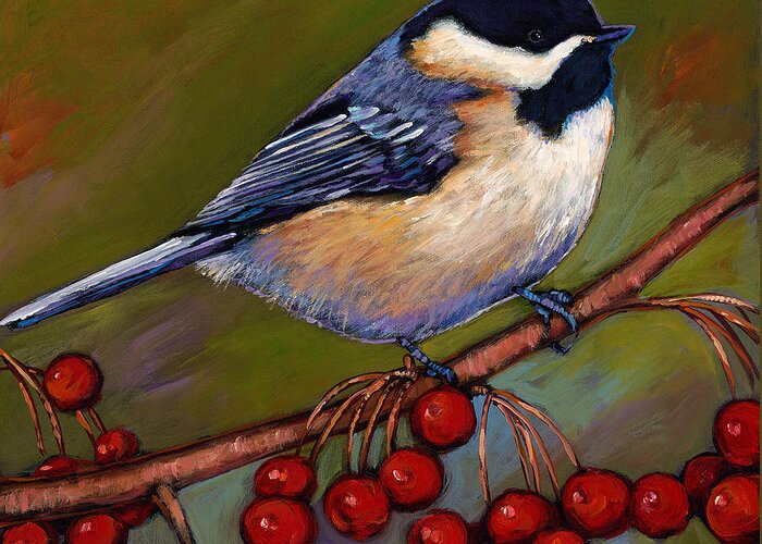 Wildlife Art Greeting Card featuring the painting Cherries and Chickadee by Johnathan Harris