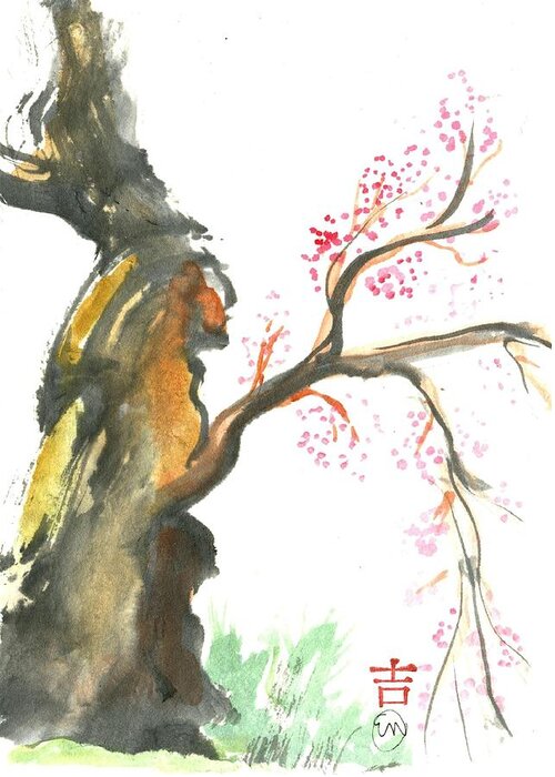 Sumi-e Greeting Card featuring the painting Cherry Blossoms in Spring by Ellen Miffitt