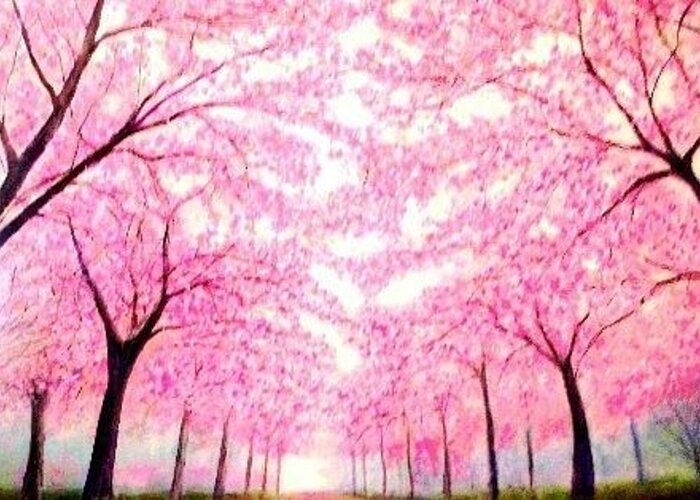 Trees Landscape Greeting Card featuring the painting Cherry Blossoms Lane by Marie-Line Vasseur