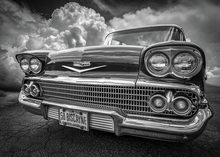 '58 Greeting Card featuring the photograph Chevrolet Biscayne 1958 in Black and White by Debra and Dave Vanderlaan