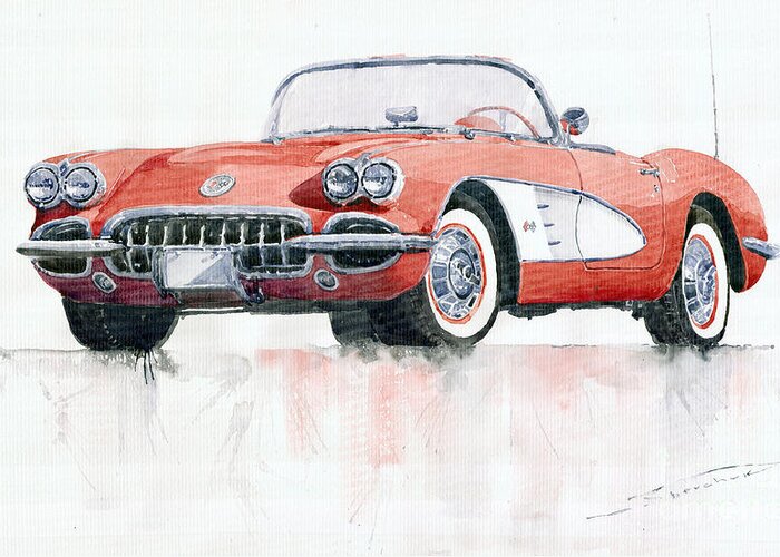 Watercolor Greeting Card featuring the painting Chevrolet Corvette C1 1960 by Yuriy Shevchuk