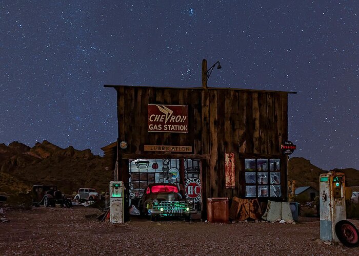 Chevron Greeting Card featuring the photograph Chevron Gas Station Under The Stars by Susan Candelario
