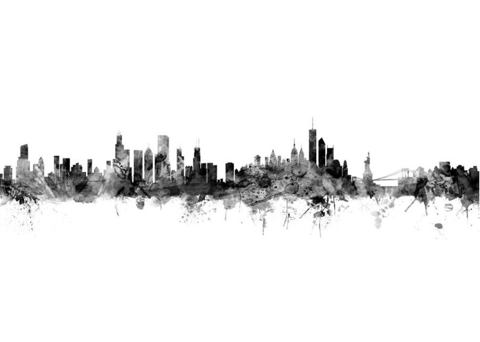 United States Greeting Card featuring the digital art Chicago and New York City Skylines Mashup by Michael Tompsett