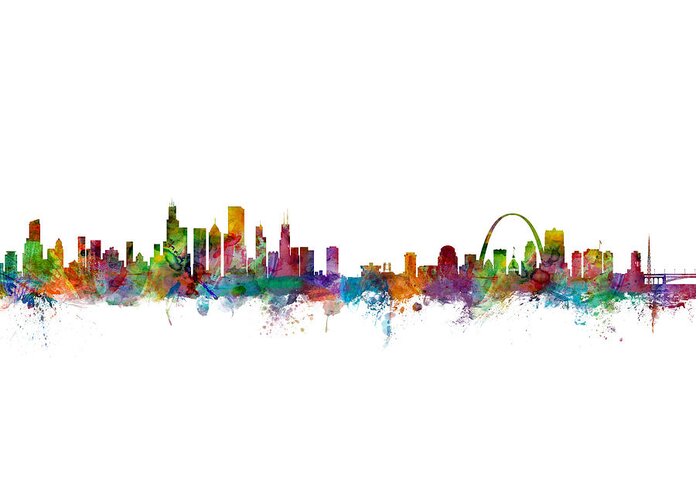 St Louis Greeting Card featuring the digital art Chicago and St Louis Skyline Mashup by Michael Tompsett