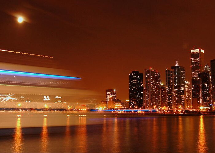 Moonlight Greeting Card featuring the photograph Chicago At Night by Evia Nugrahani Koos