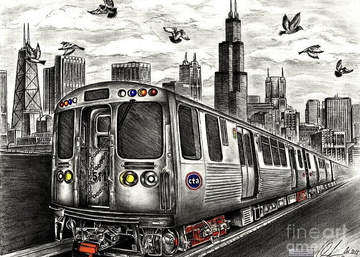 Ctatrain Greeting Card featuring the drawing Chicago CTA Train by Omoro Rahim