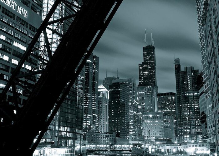 Chicago Greeting Card featuring the photograph Chicago Grayscale Night by Frozen in Time Fine Art Photography