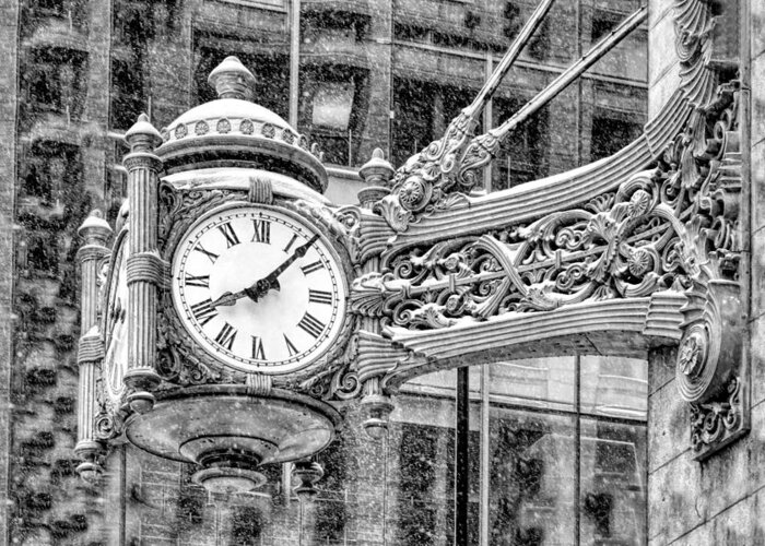 Chicago Greeting Card featuring the photograph Chicago Marshall Field State Street Clock Black and White by Christopher Arndt