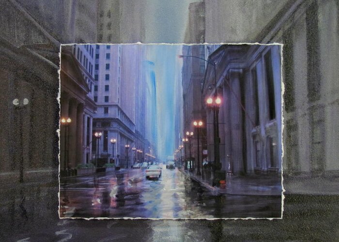 City Greeting Card featuring the mixed media Chicago Rainy Street expanded by Anita Burgermeister