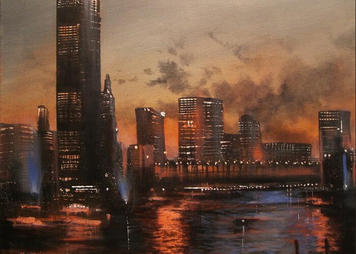 Chicago Greeting Card featuring the painting Chicago reflections by Tom Shropshire