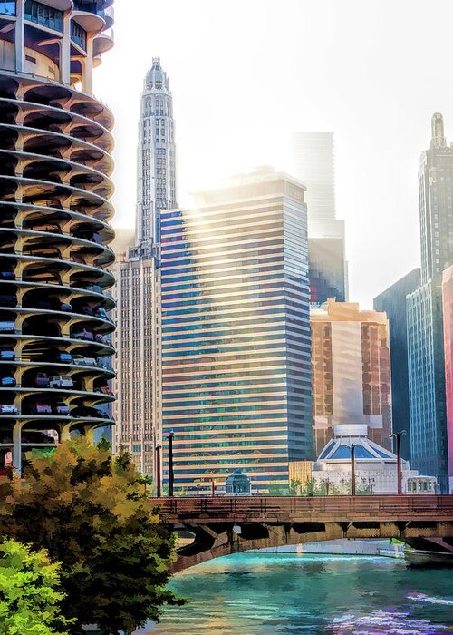 Chicago Greeting Card featuring the painting Chicago River Morning Rays by Christopher Arndt